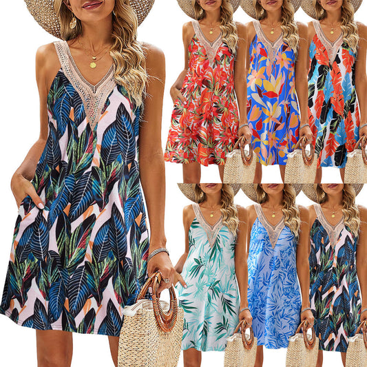 IvyShape | Casual Tropical Print Sleeveless Short Dress