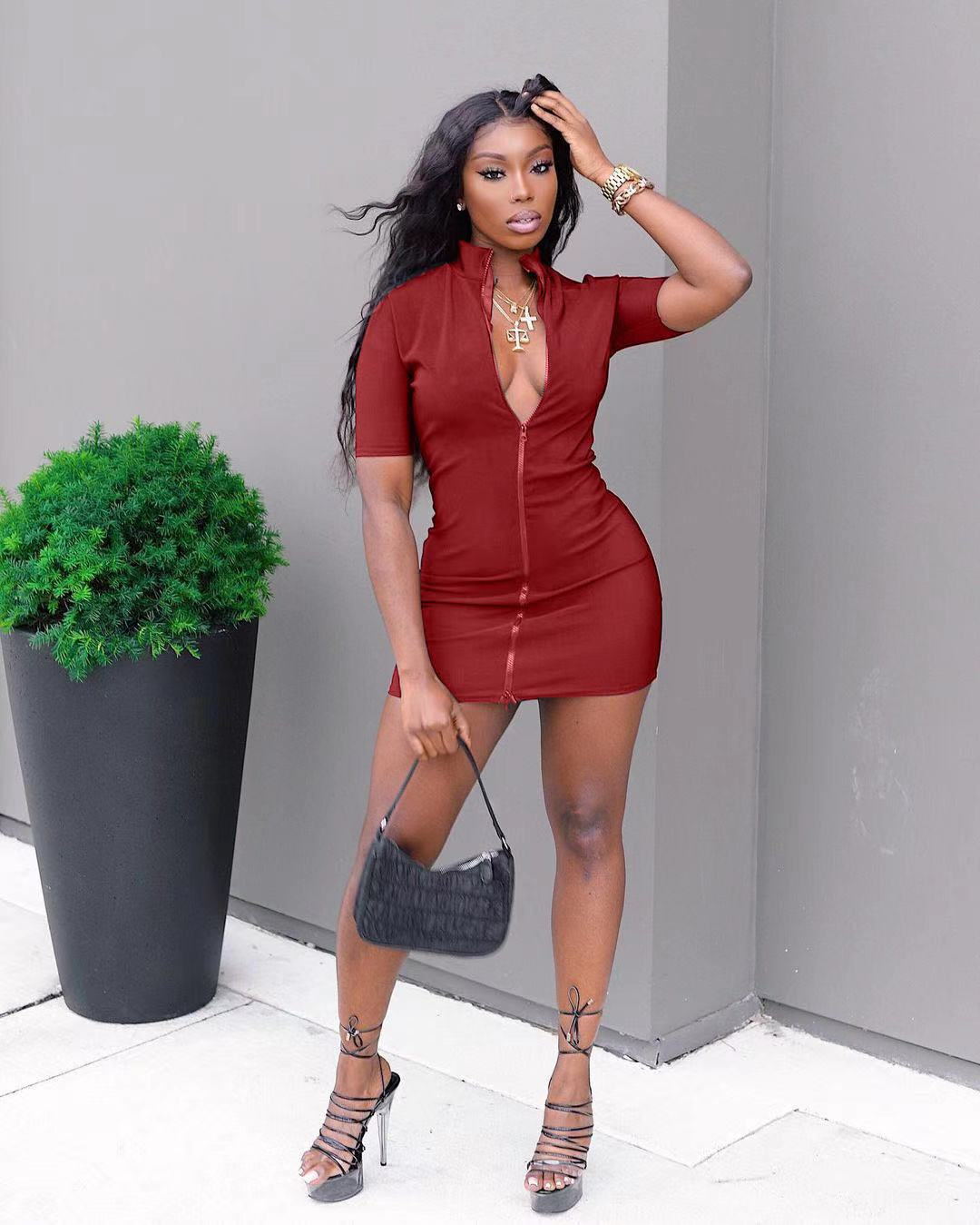 Women's Fitted Mini Dress with Short Sleeve and Zipper Ivyshape