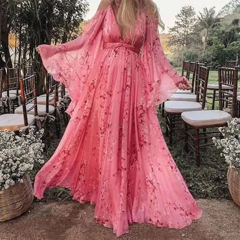 Women's Floral Maxi Dress with Deep V-Neck and Casual Sleeves Ivyshape