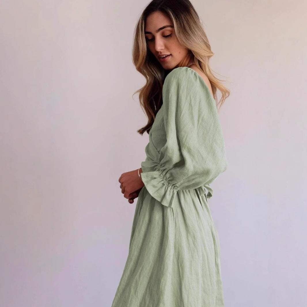 Women elegant, tailored maxi dress with puff sleeves and tie belt Ivyshape