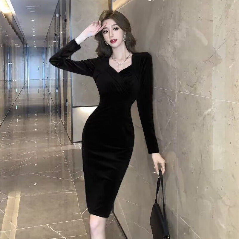 IvyShape | Velvet-Dress Slim Fit Flattering Velvet Bodycon Dress