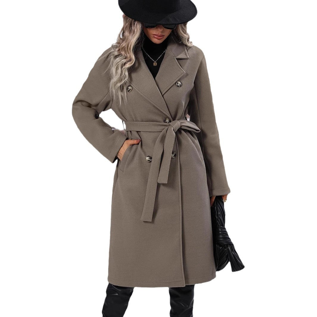 Women's Elegant Trench Coat with Waist Belt and Double Folded Buttons Ivyshape