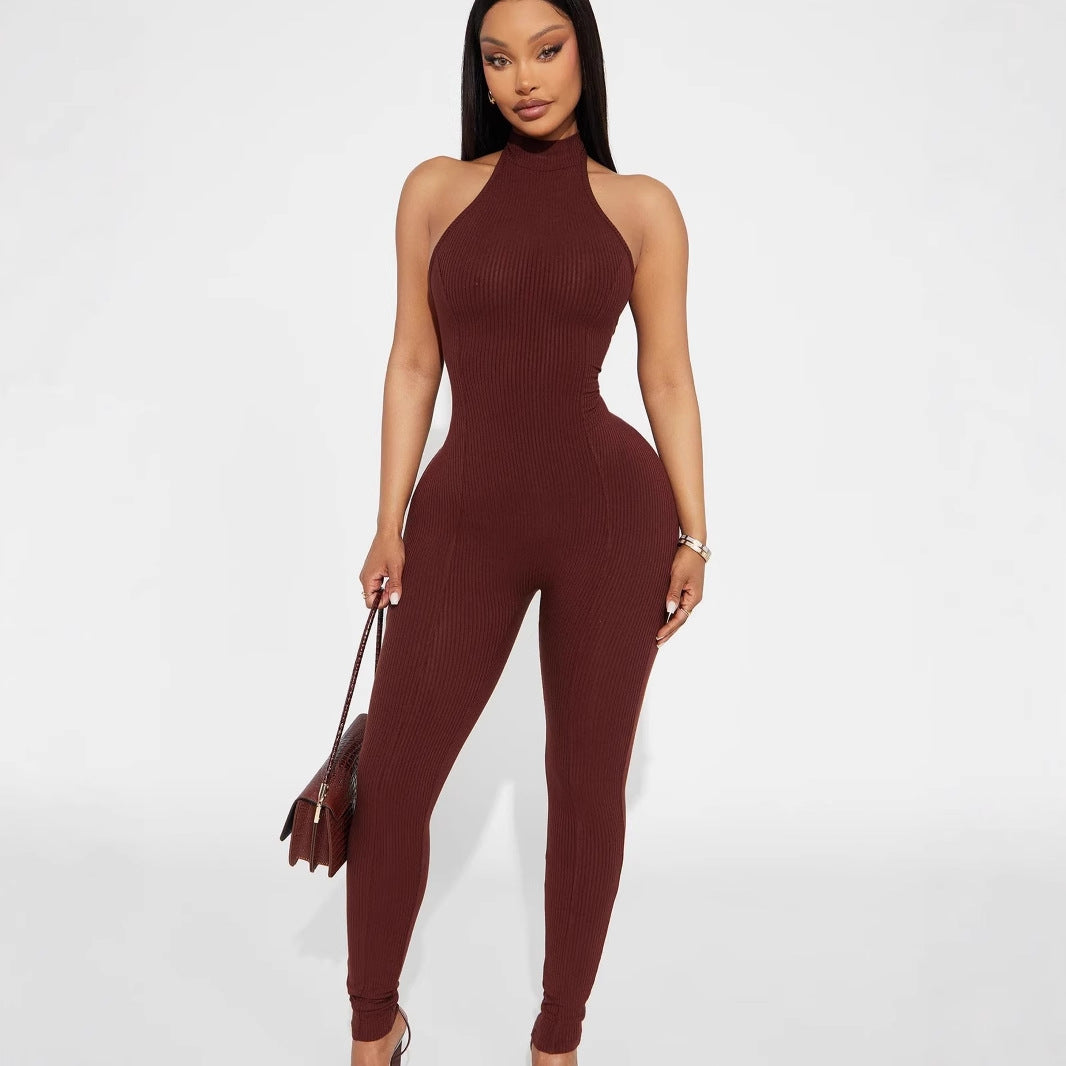 Ladies Elegant Jumpsuit with high-neck design and fine ribbed details Ivyshape