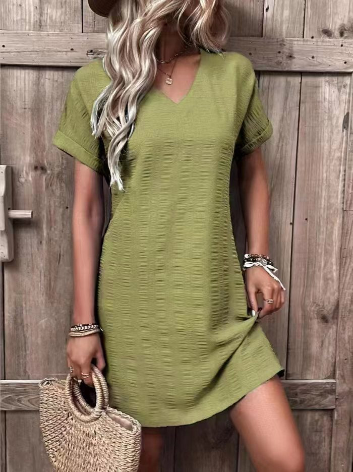 Women's V-neck Casual Linen Dress with Short Sleeves Ivyshape