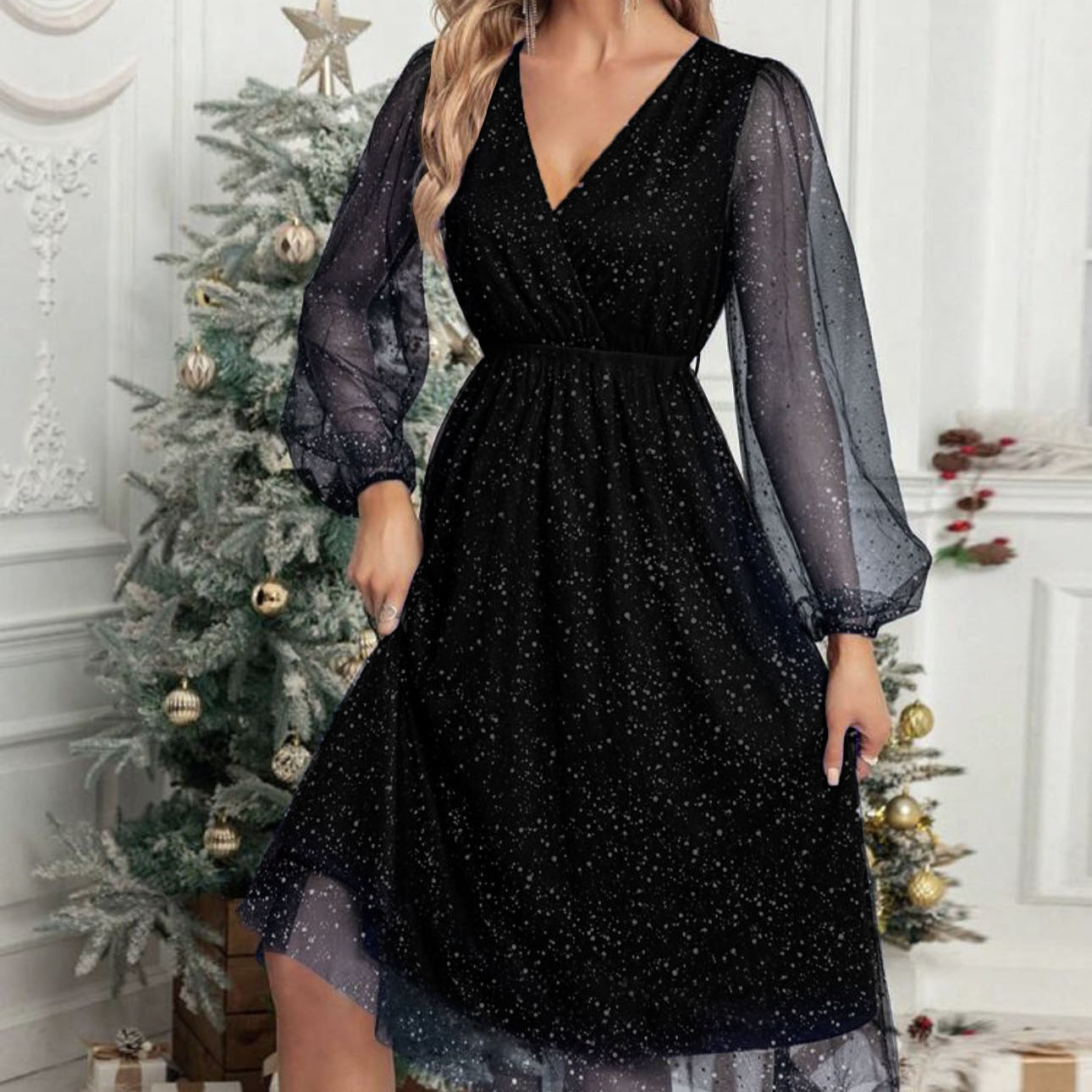 Ladies mididress with sparkling glitter and transparent puff sleeves Ivyshape