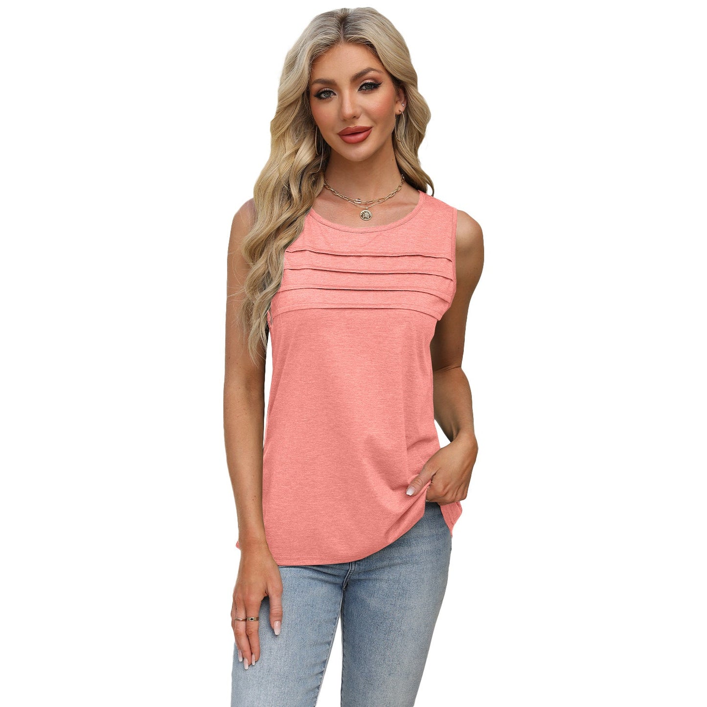 IvyShape | Solid Color U-Neck Pleated Vest T-Shirt