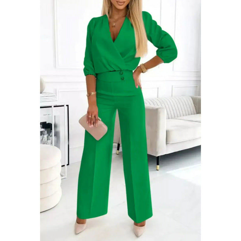 Ladies elegant jumpsuit with wrap top and wide leg Ivyshape