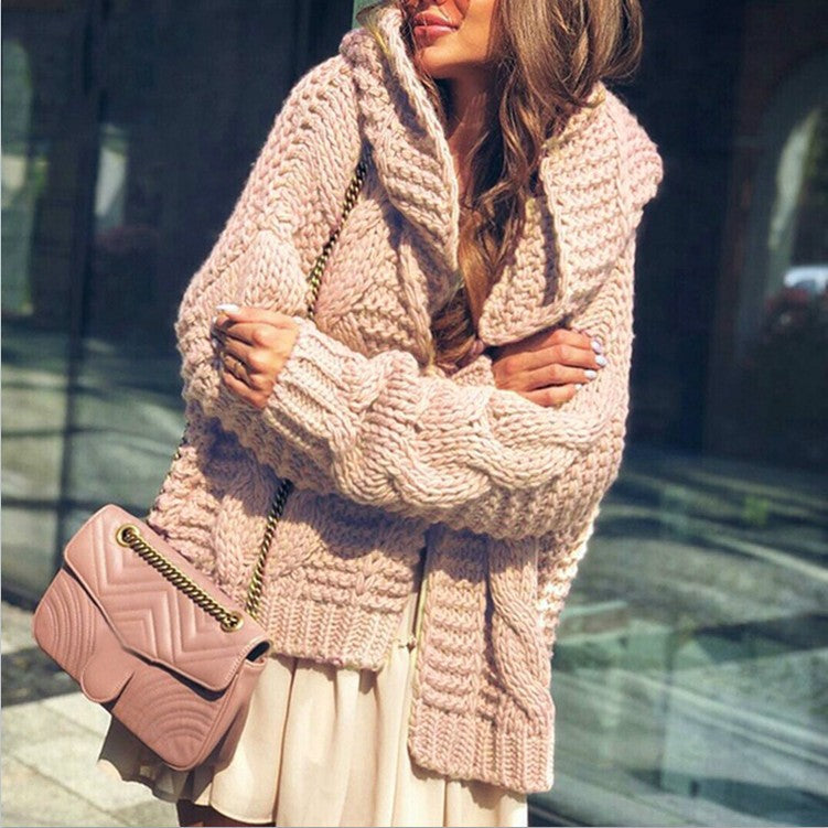 Women's chunky knit cardigan in a casual oversized style with shawl collar and large pockets Ivyshape