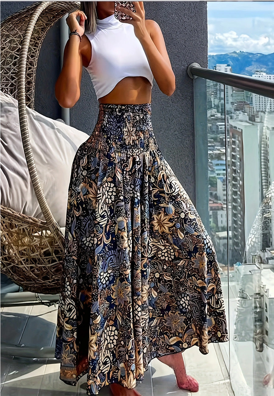 IvyShape | Printed Elastic Waist Large Swing A-Line Skirt