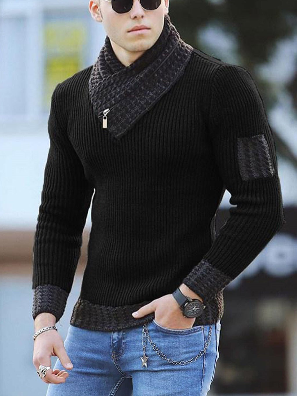 Men's knitted pullover with modern collar and zipper Ivyshape