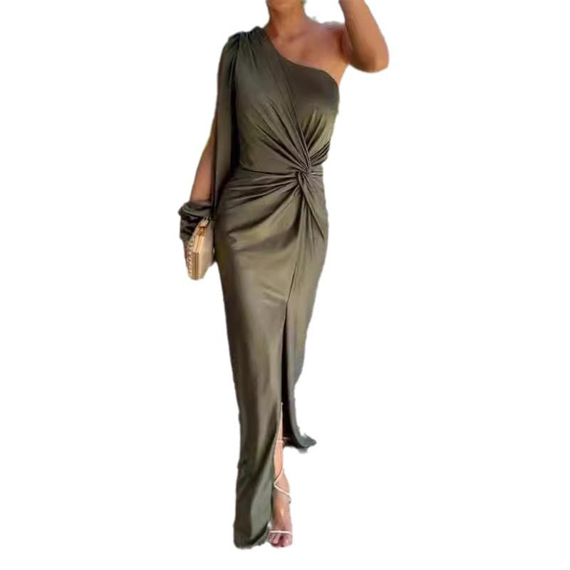 Women Elegant Wrap Dress with Asymmetrical Neckline and Side Slit Ivyshape