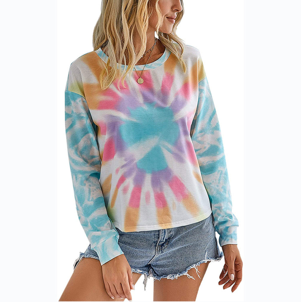 Ladies Casual Long Sleeve T-Shirt with Modern Tie-Dye Design Ivyshape