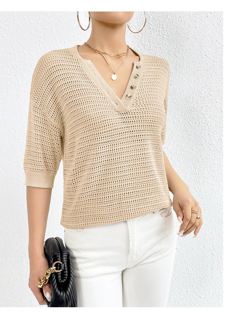 IvyShape | V-Neck Open Knit Sweater