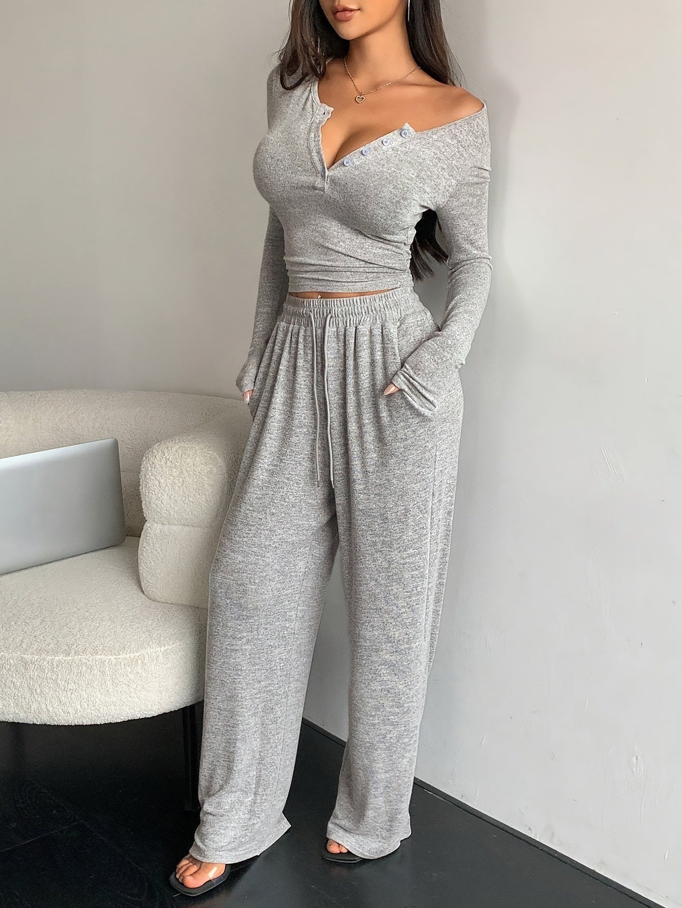 Women's set of casual long-sleeve top and comfortable palazzo pants Ivyshape