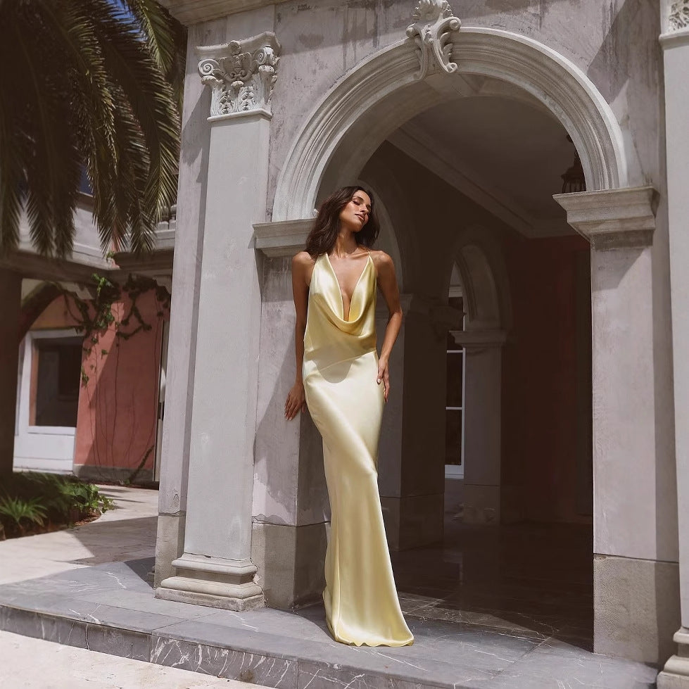 Women Elegant Satin Maxi Dress with Deep Wrap Neckline Ivyshape