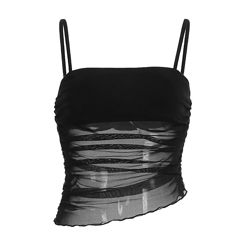 Women's fitted transparent top with ruching and narrow straps Ivyshape