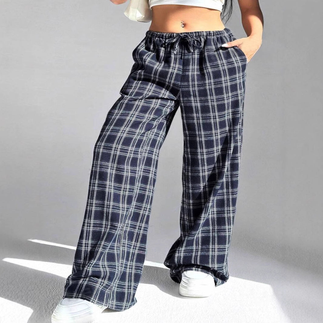 Women Wide Check Trousers with Elastic Waistband and Practical Pockets Ivyshape