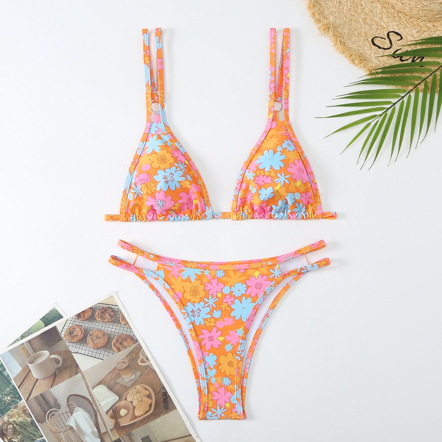 Ladies triangle bikini set with adjustable double straps and floral print Ivyshape