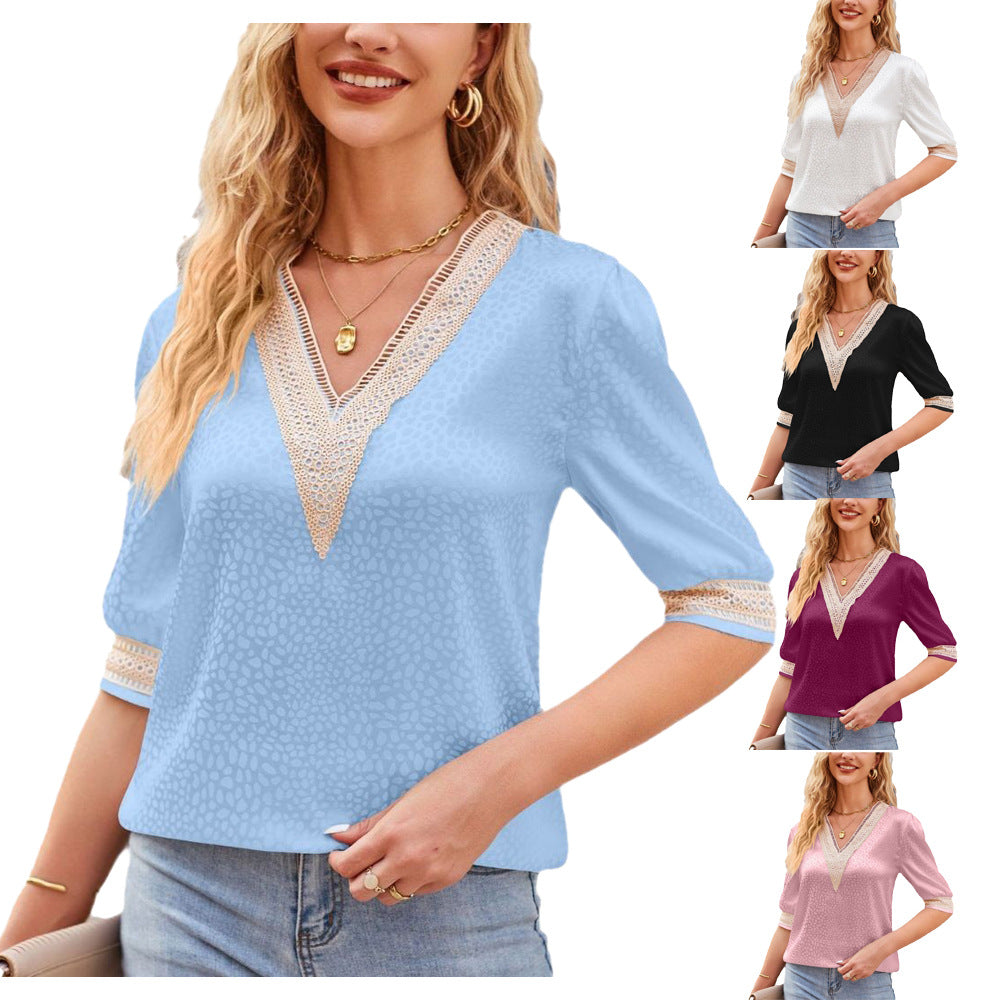 IvyShape | Lace Satin Medium Sleeve V-Neck Fashion Shirt Top