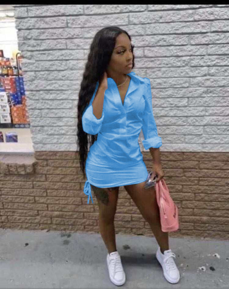 Ladies short shirt dress with drawstring and fashionable cut Ivyshape