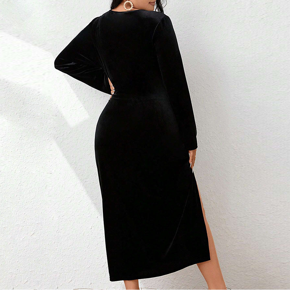 Women elegant wrap midi dress with side gathering elements and high slit design Ivyshape