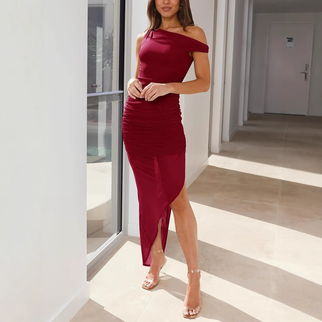 Women elegant wrap dress with asymmetrical hem and seductive ruffles Ivyshape