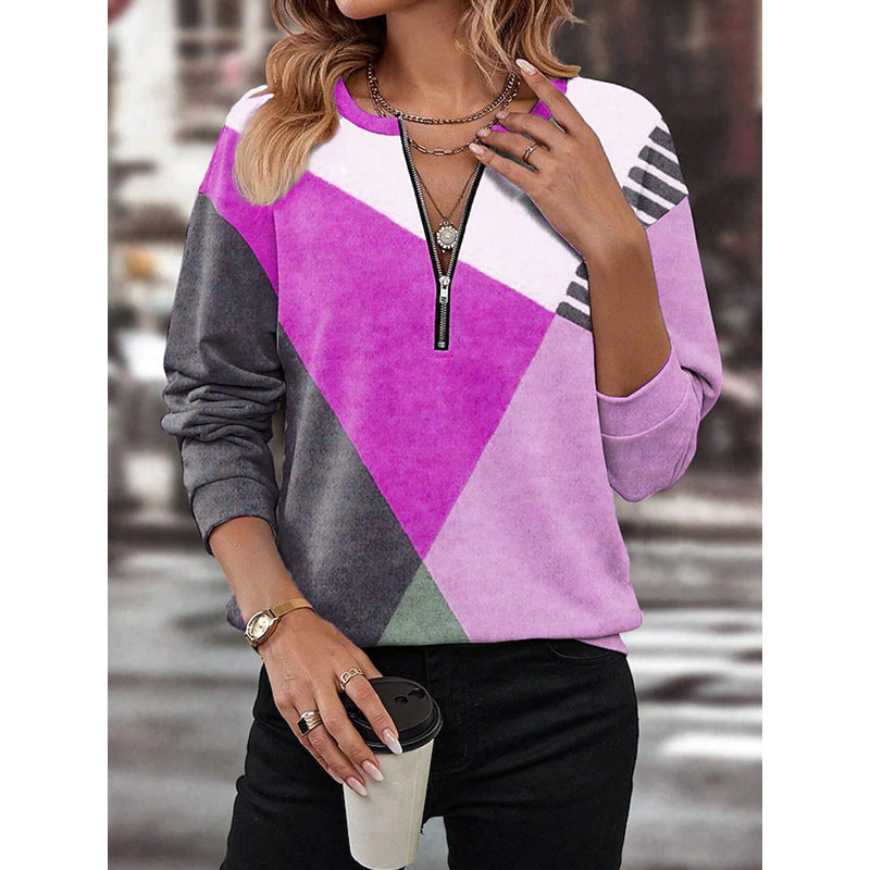 Women Sporty Sweatshirt with Half Zipper and Trendy Contrast Design Ivyshape