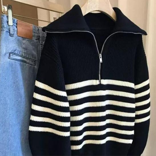 IvyShape | Color-Blocked Striped Half-Open Zipper Sweater