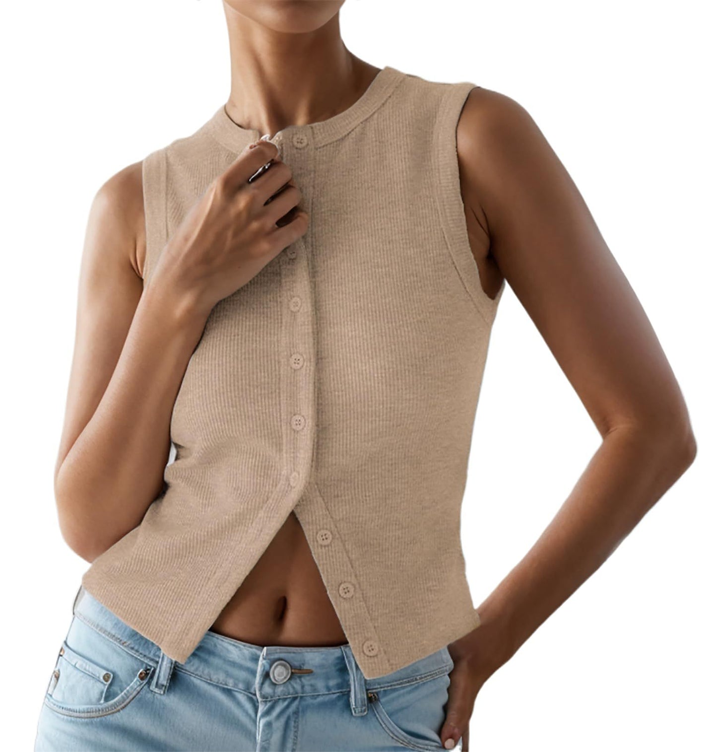 Ladies Short Sleeve Ribbed Knit Top with Button Placket Ivyshape