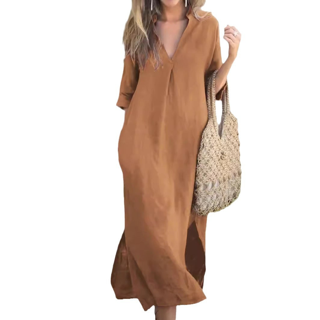 Women elegant maxi dress with V-neck and side slits Ivyshape