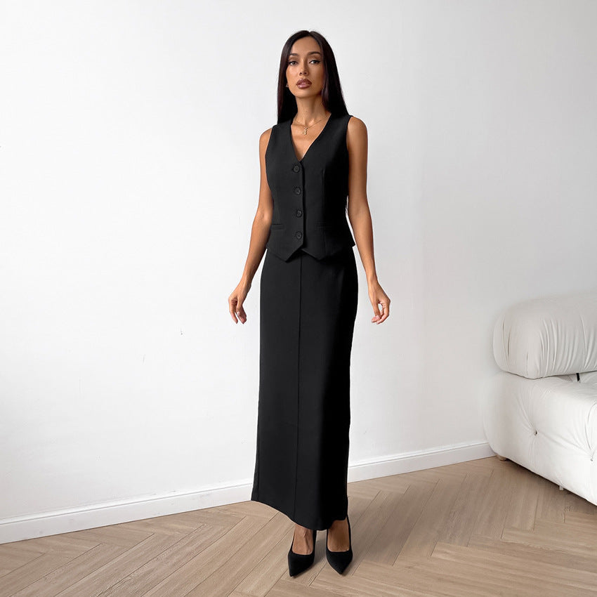 Ivyshape | Black Sleeveless Vest Skirt Set