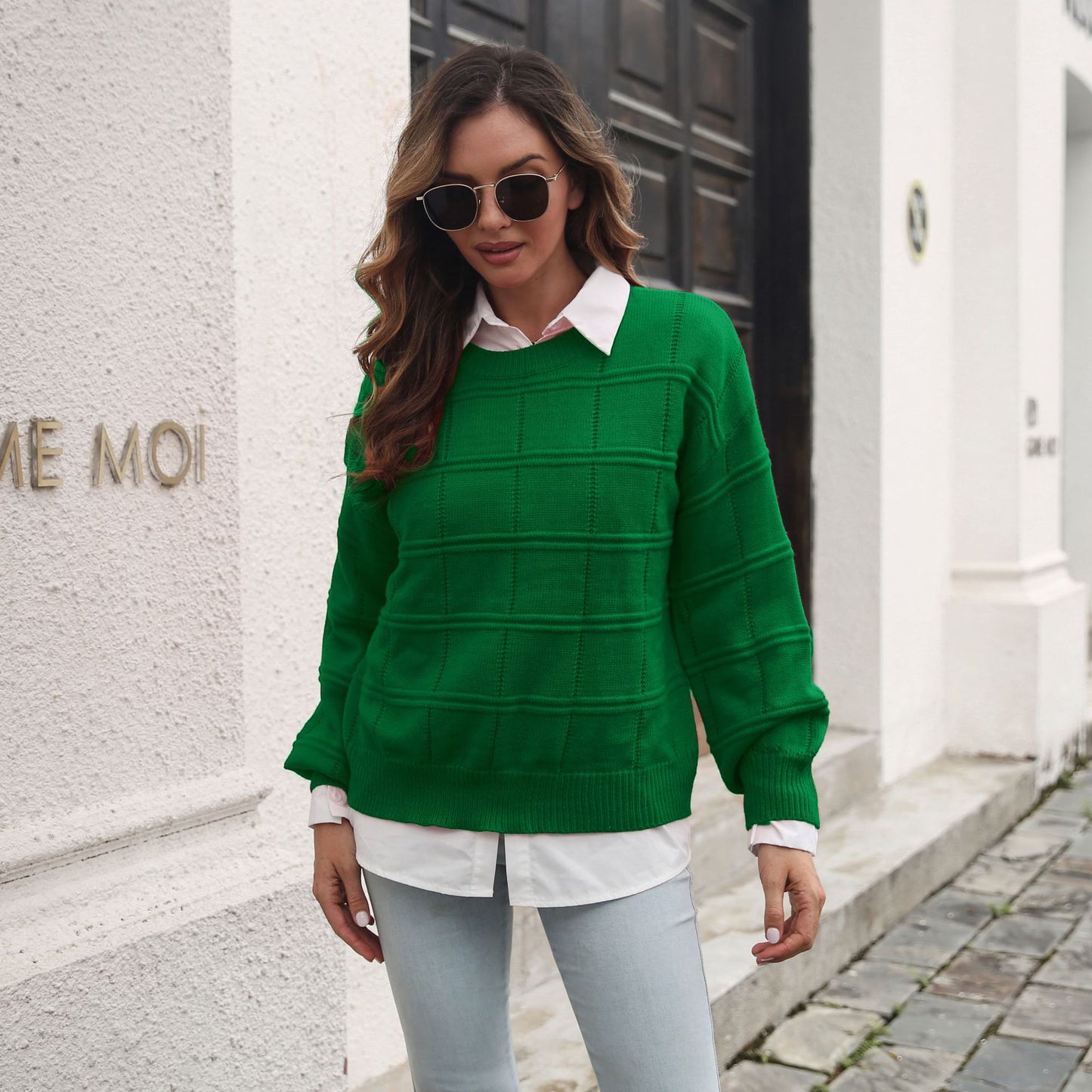 Women's chic knit sweater with textured wave pattern Ivyshape