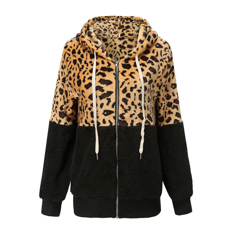 Women's Fashion Fleece Hoodie with Animal Print and Contrast Details Ivyshape