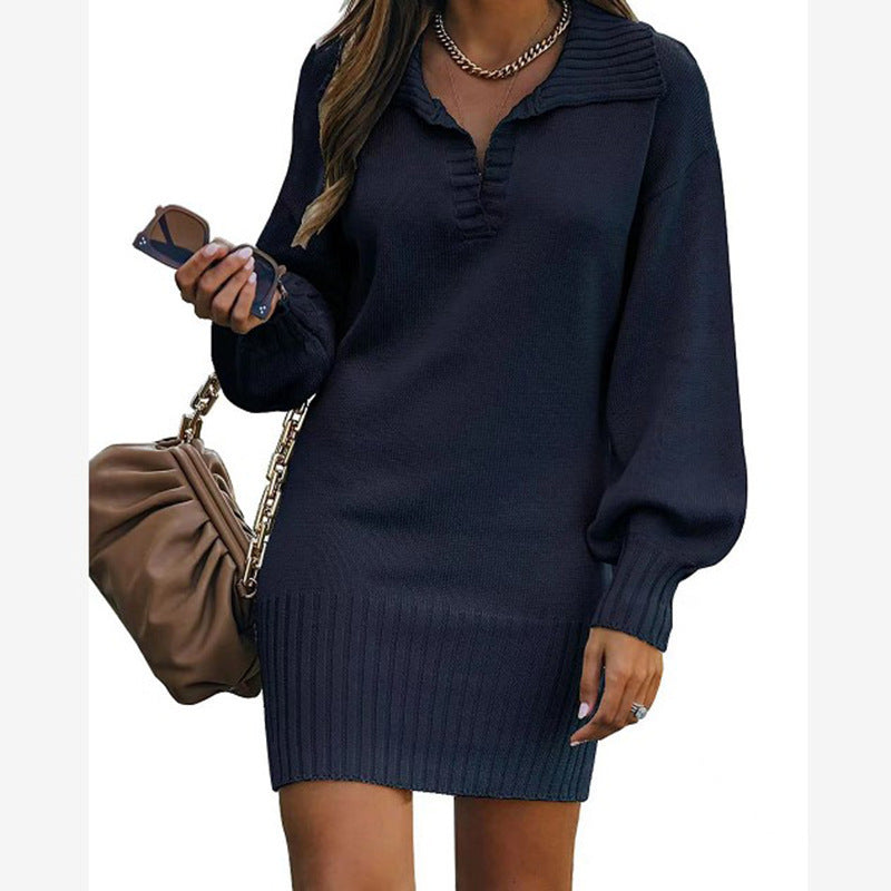 Women's knitted dress with playful V-neck and rolled edge Ivyshape