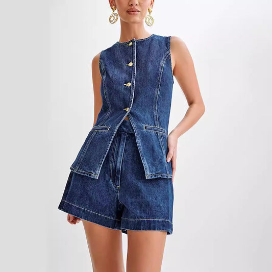 Ivyshape | Women's Classy Two-Piece Short And Vest Set Denim