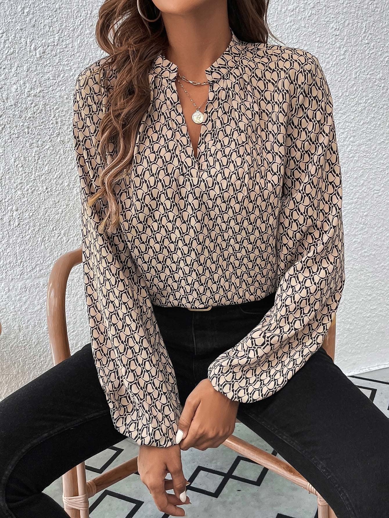 Women's blouse with modern geometric pattern and elegant collar area Ivyshape