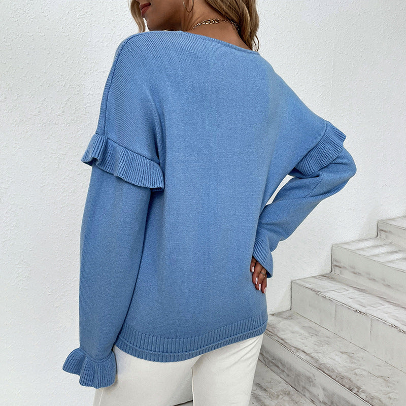 Women elegant sweater with ruffle details and V-neck Ivyshape