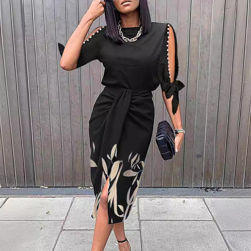 Elegant midi dress for women with stylish cut-out sleeves Ivyshape