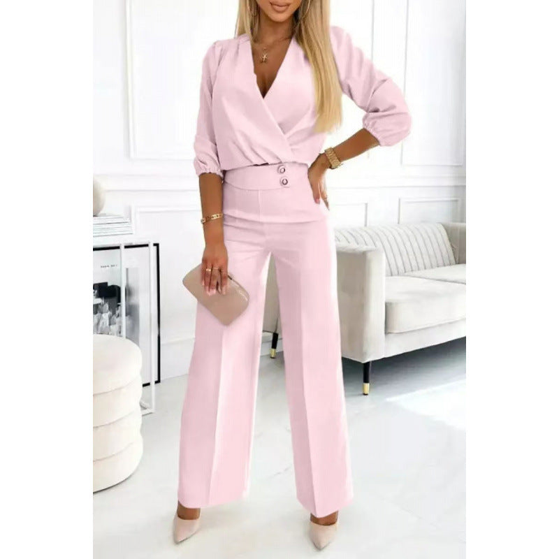 Ladies elegant jumpsuit with wrap top and wide leg Ivyshape