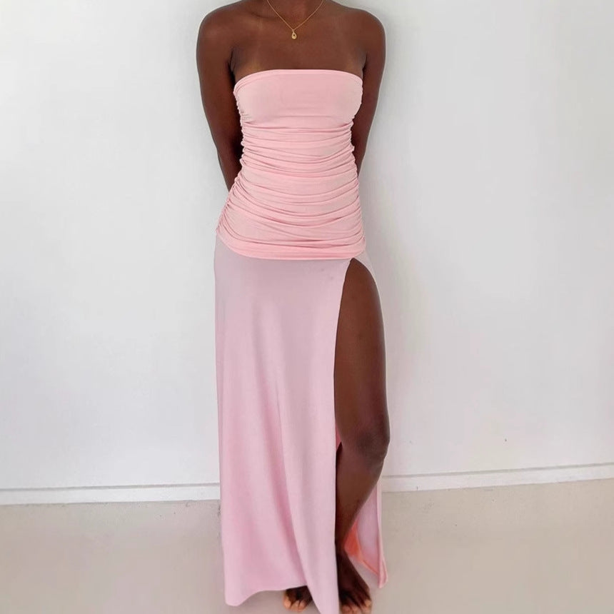 Women Elegant Strapless Maxi Dress with High Slit and Ruching Ivyshape
