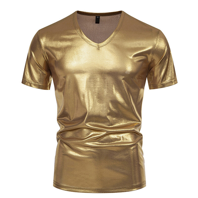 Men's V-neck T-shirt made of shiny material with personal style Ivyshape