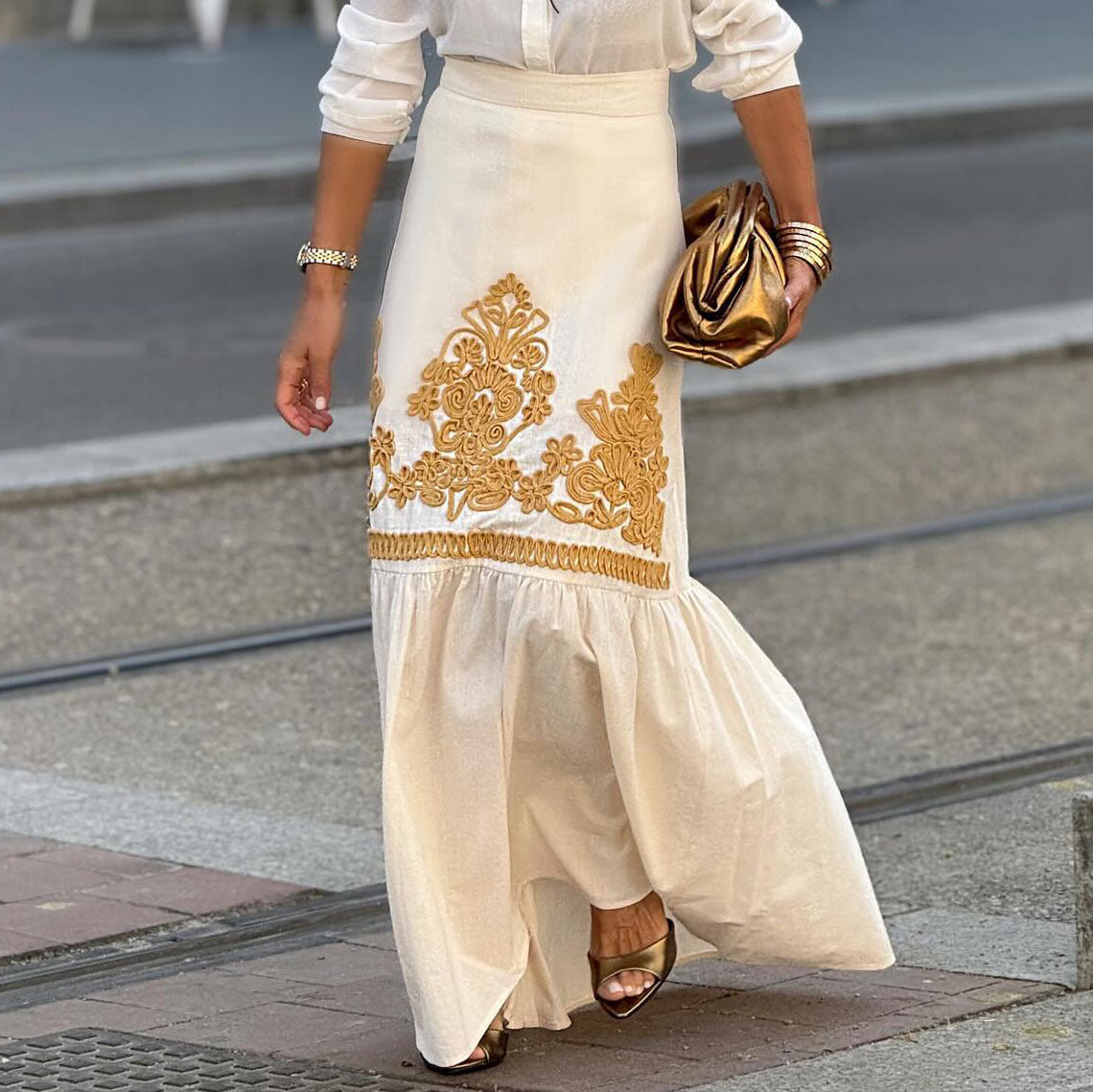 Women Embroidered High-Waisted Maxi Skirt Ivyshape