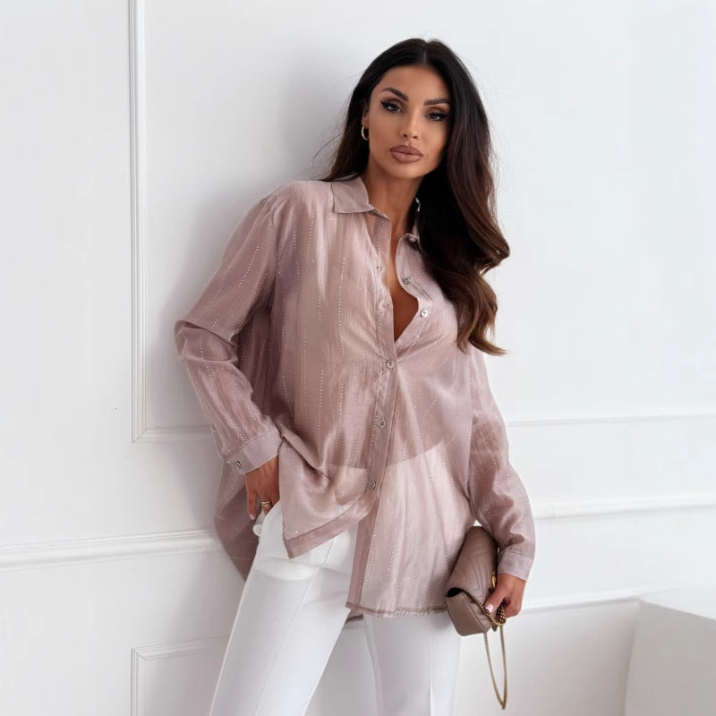 Women Oversized Shirt Blouse with Elegant Button Placket and Fine Shine Ivyshape