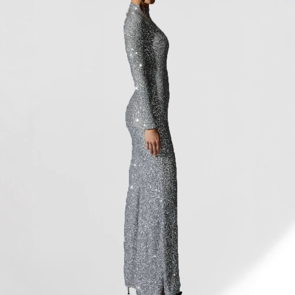 Women Elegant Glitter Maxi Dress with High Slit and Long Sleeves Ivyshape