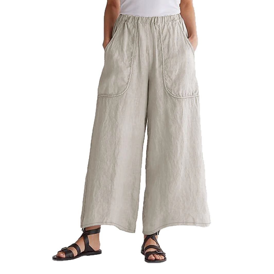 Women's lightweight, loose-fitting linen trousers with elastic waistband and practical pockets Ivyshape