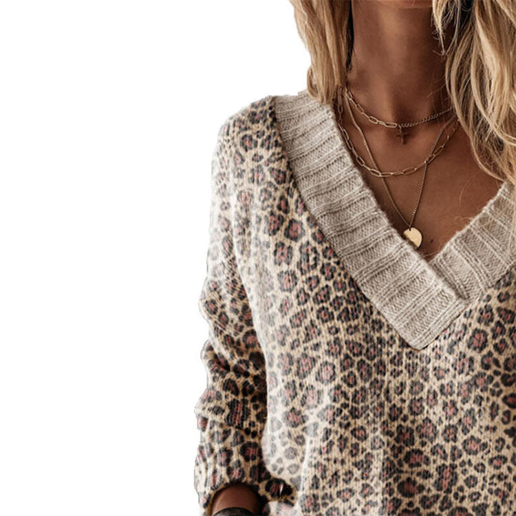 Ivyshape | Leopard V-Neck Long Sleeve Sweater