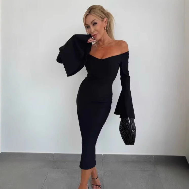 Ladies Elegant Long Sleeve Dress with Wide Sleeves and Slit Ivyshape