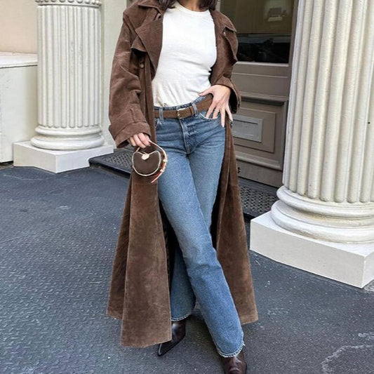 Women Elegant Suede Trench Coat with Tailored Cut and Removable Belt Ivyshape