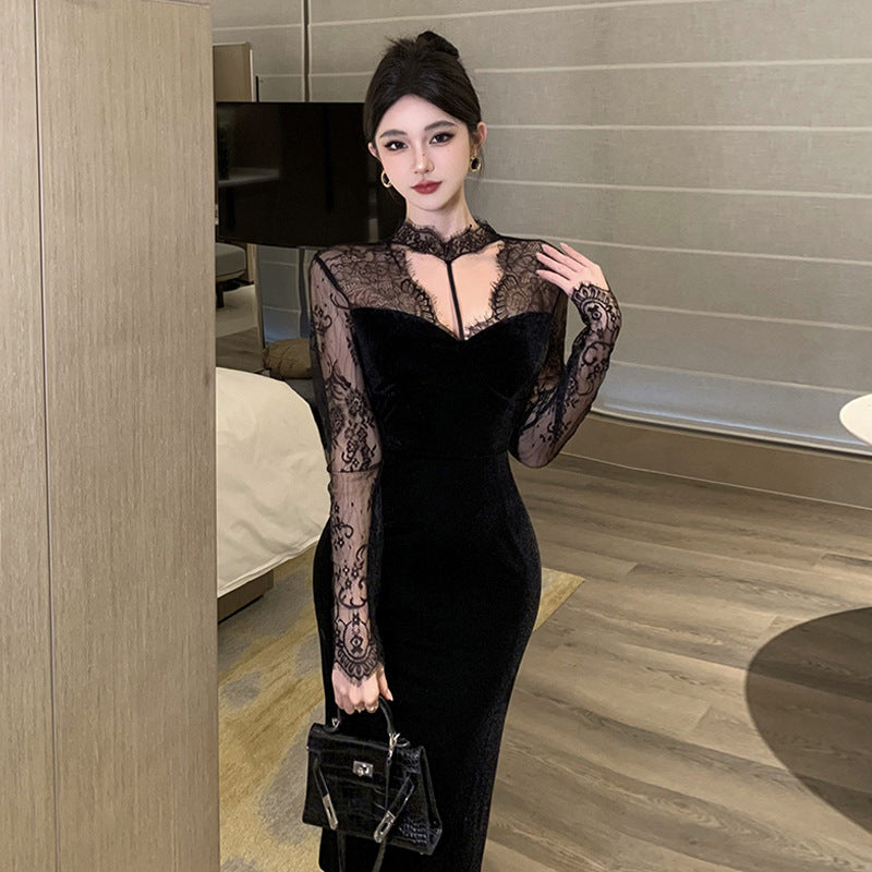 IvyShape | Velvet-Dress Yuanfeng Gold Velvet Lace Dress