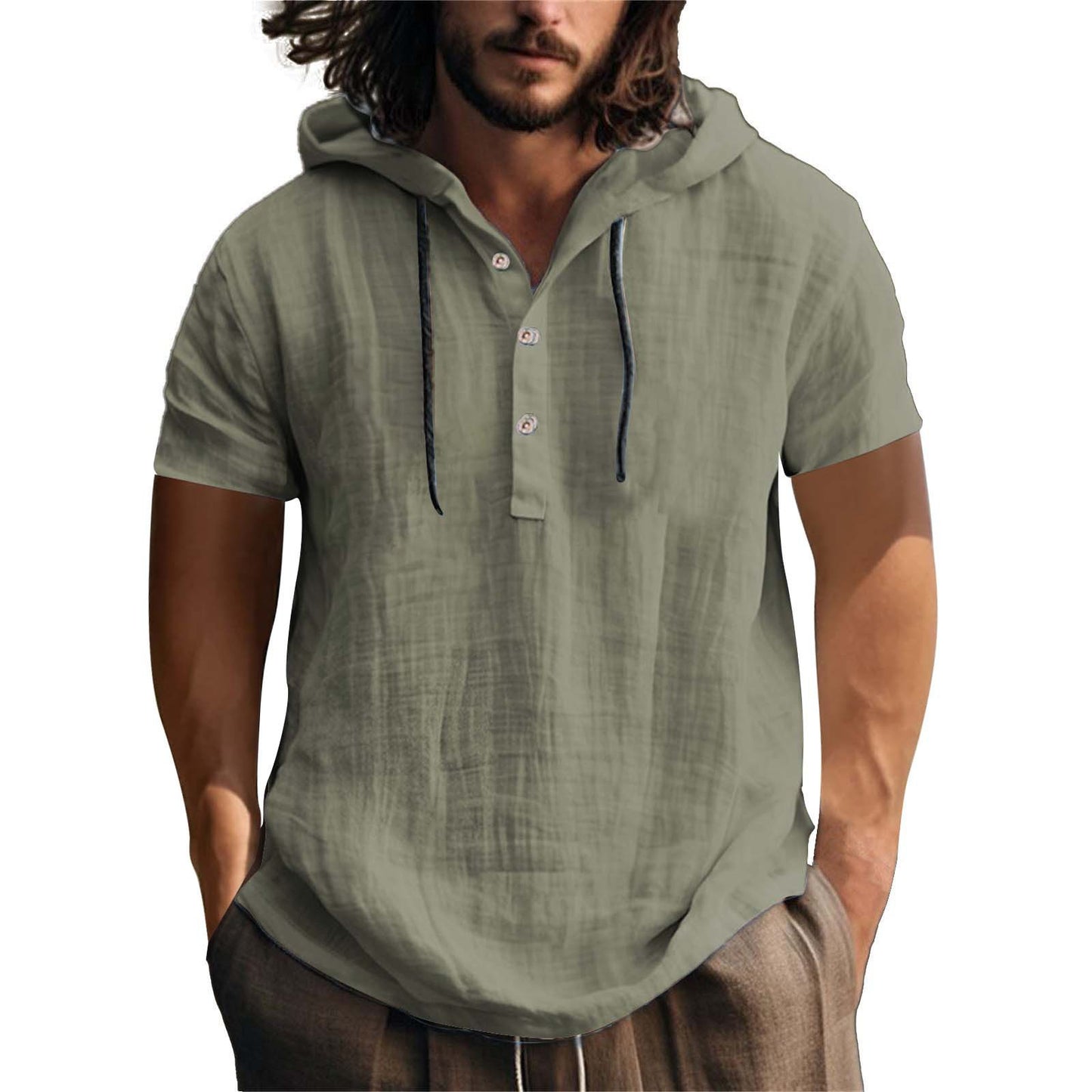 Men's Casual Short Sleeve Hoodie with Placket Ivyshape